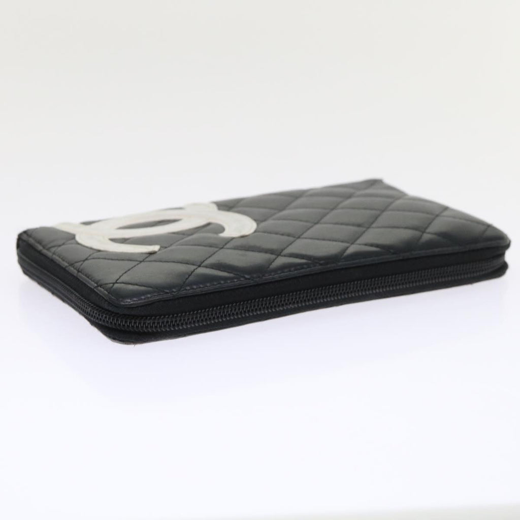 CHANEL Cambon Line Long Wallet Lamb Skin Black CC  th3796