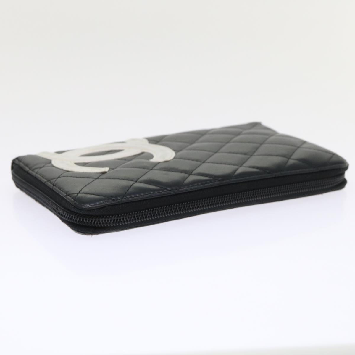 CHANEL Cambon Line Long Wallet Lamb Skin Black CC  th3796