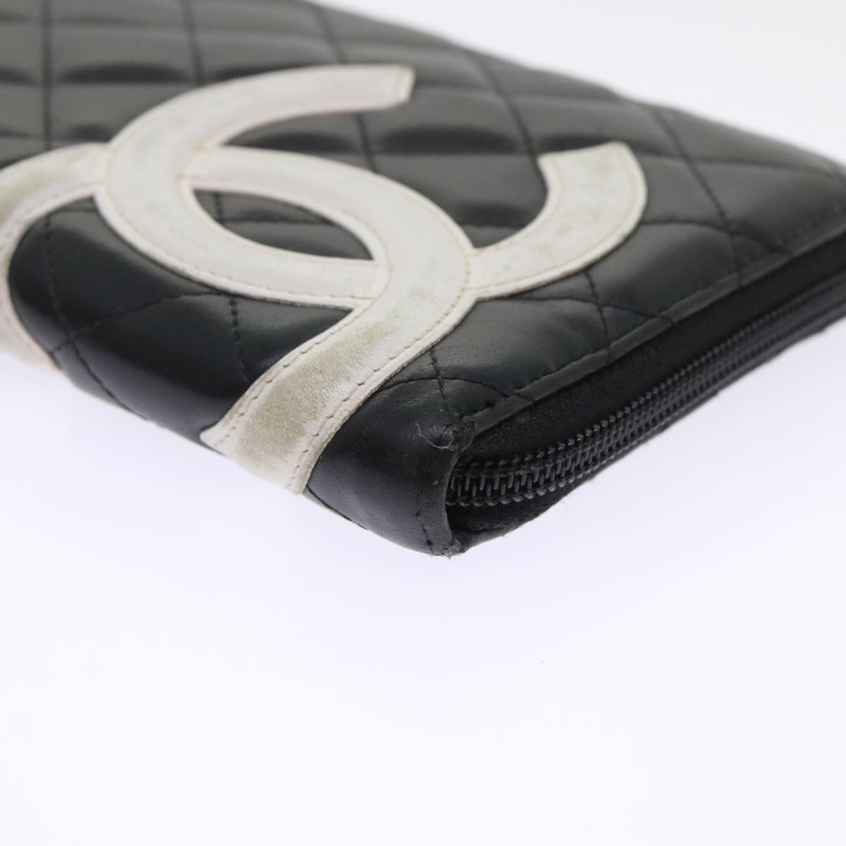 CHANEL Cambon Line Long Wallet Lamb Skin Black CC  th3796