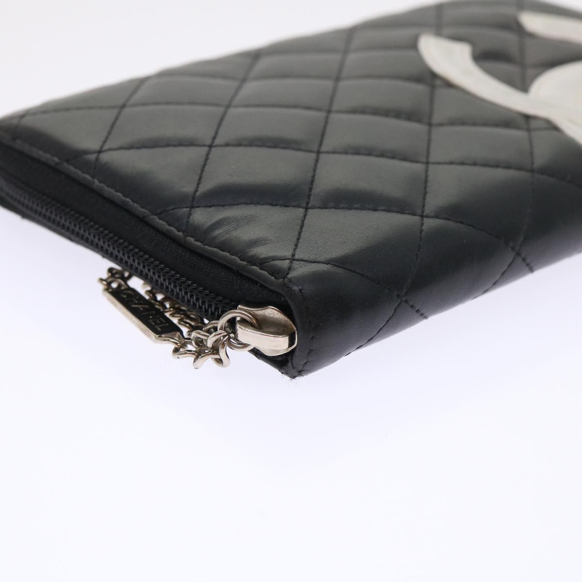 CHANEL Cambon Line Long Wallet Lamb Skin Black CC  th3796