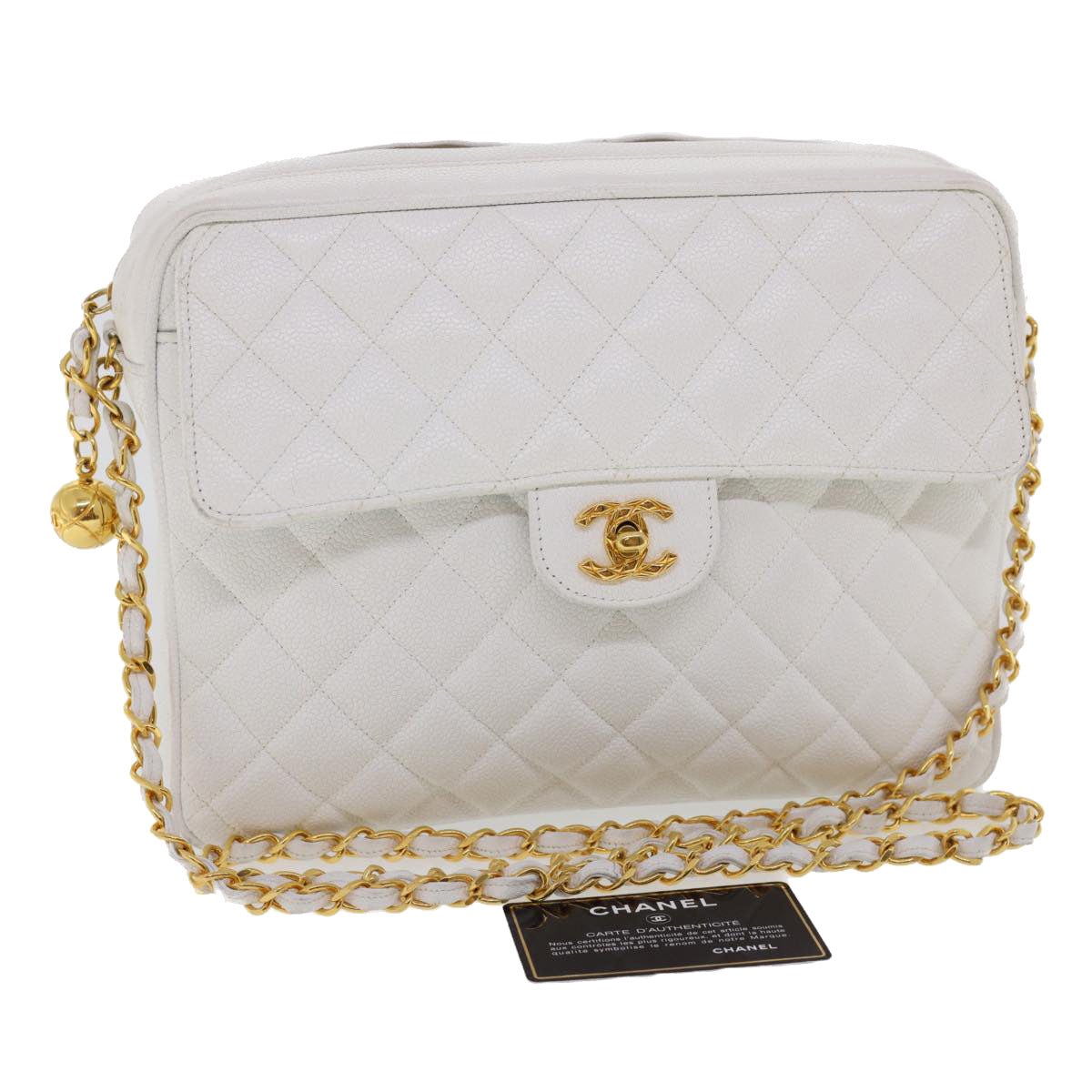 CHANEL Matelasse Chain Shoulder Bag Caviar Skin Gold White CC  am1370gA