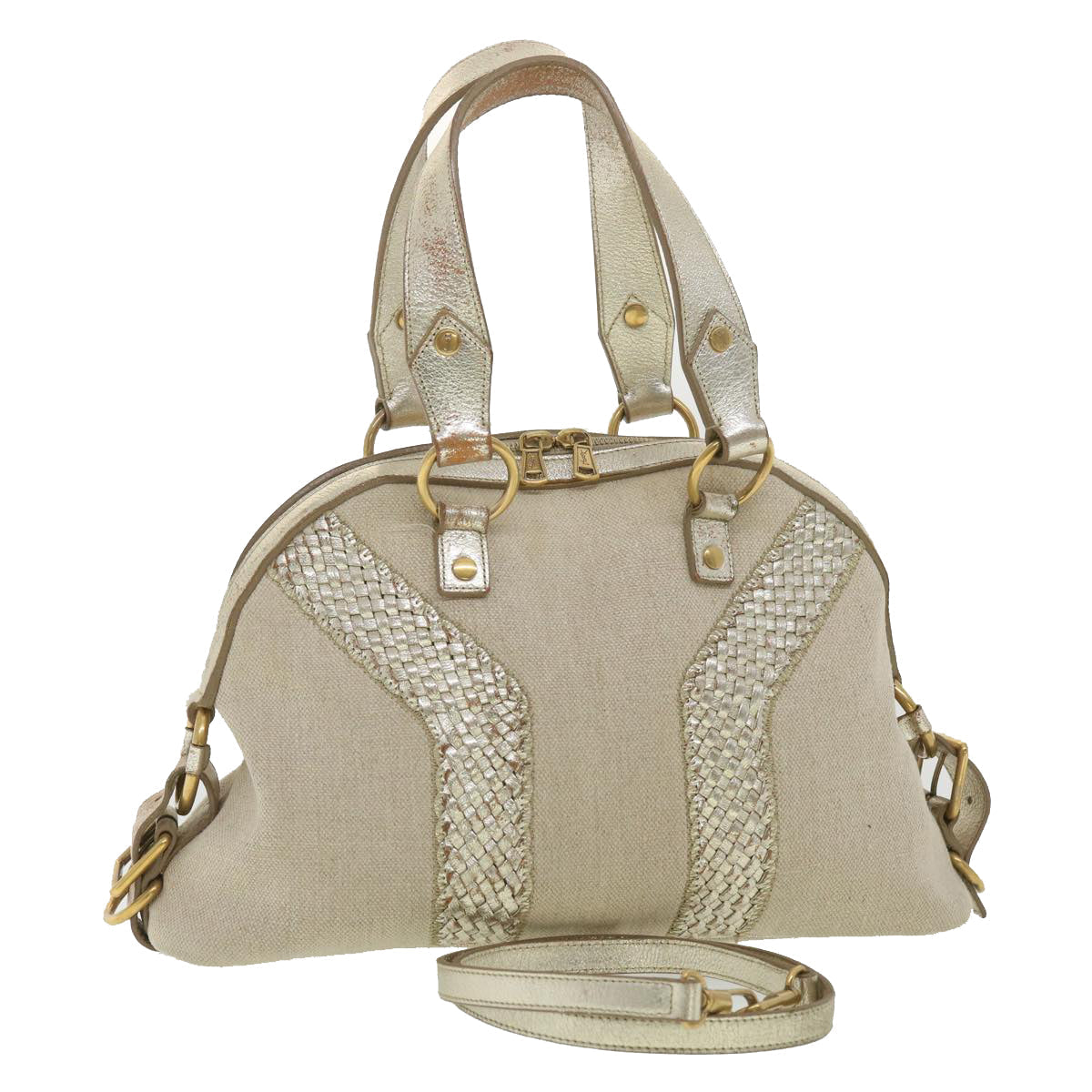SAINT LAURENT Shoulder Bag Canvas Leather 2way Silver 153934 002058 Auth am3841