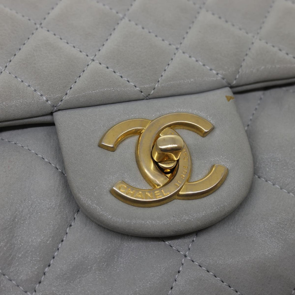 CHANEL Lamb Skin Matelasse Double Chain Shoulder Bag Gray CC  am1097g