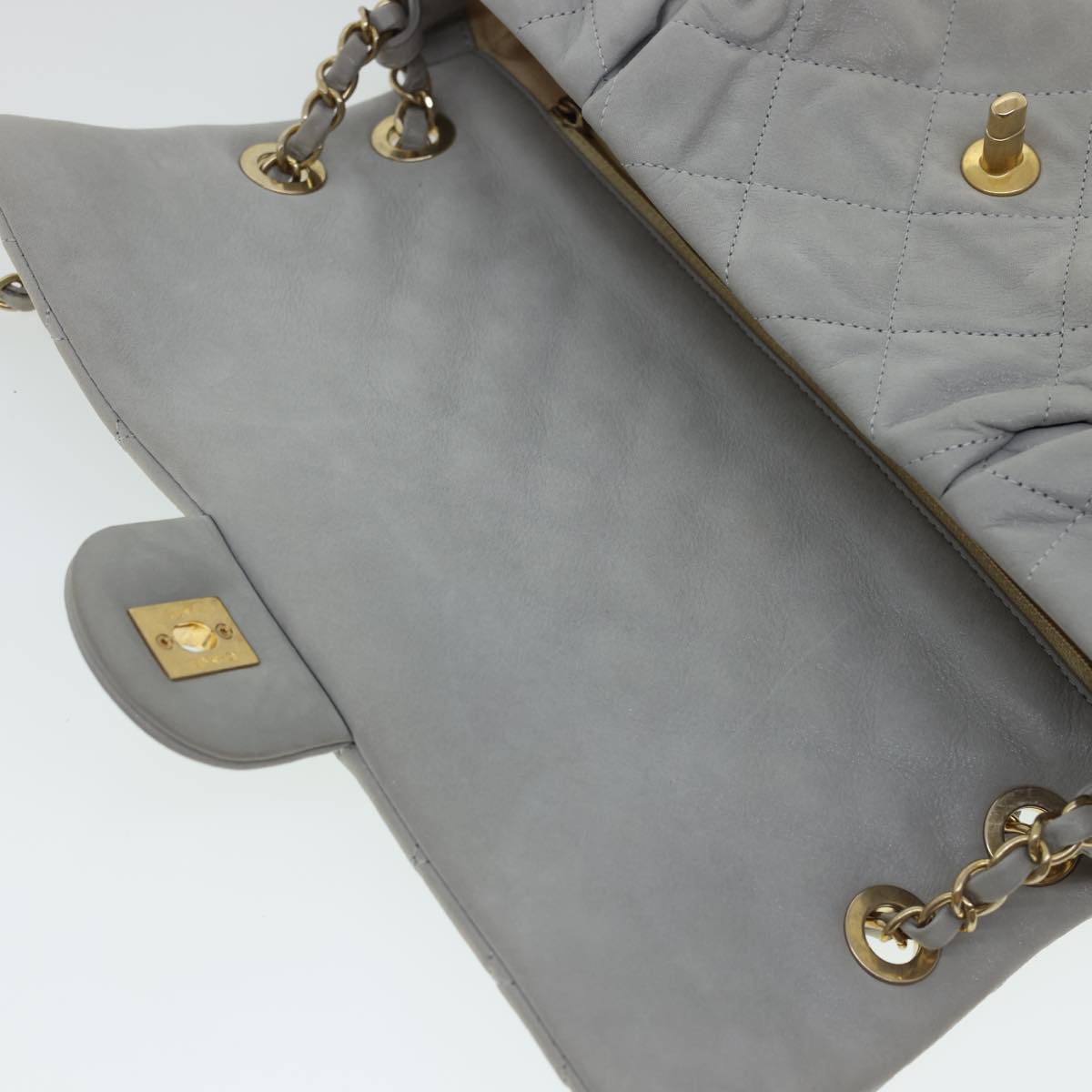 CHANEL Lamb Skin Matelasse Double Chain Shoulder Bag Gray CC  am1097g