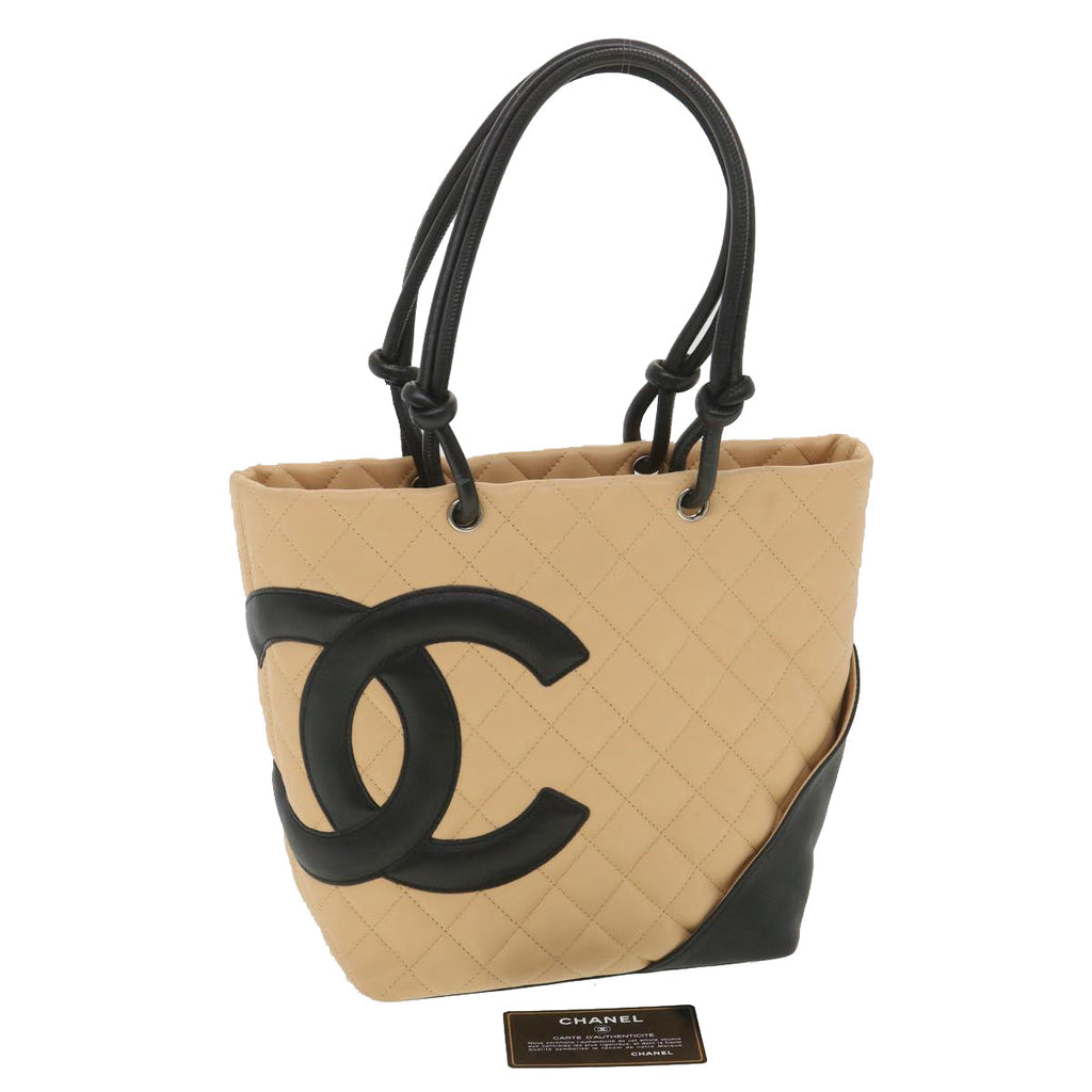 CHANEL Cambon Line Tote Bag Lamb Skin Beige Black CC  36768