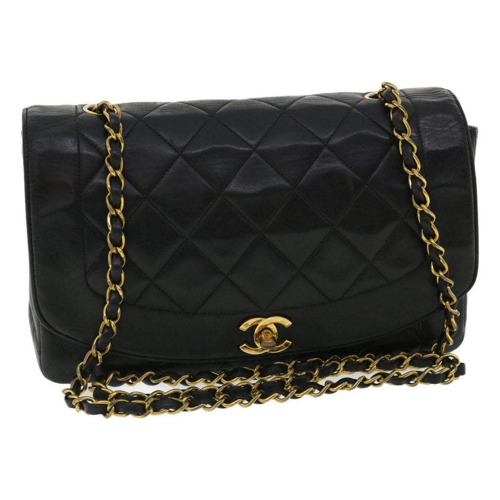 CHANEL Diana Matelasse Chain Flap Shoulder Bag Lamb Skin Black Gold  25036A