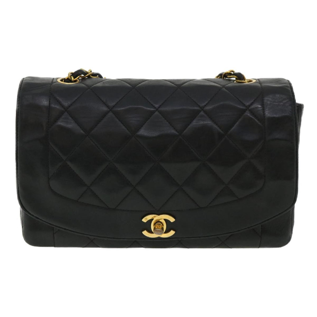 CHANEL Diana Matelasse Chain Flap Shoulder Bag Lamb Skin Black Gold  25036A
