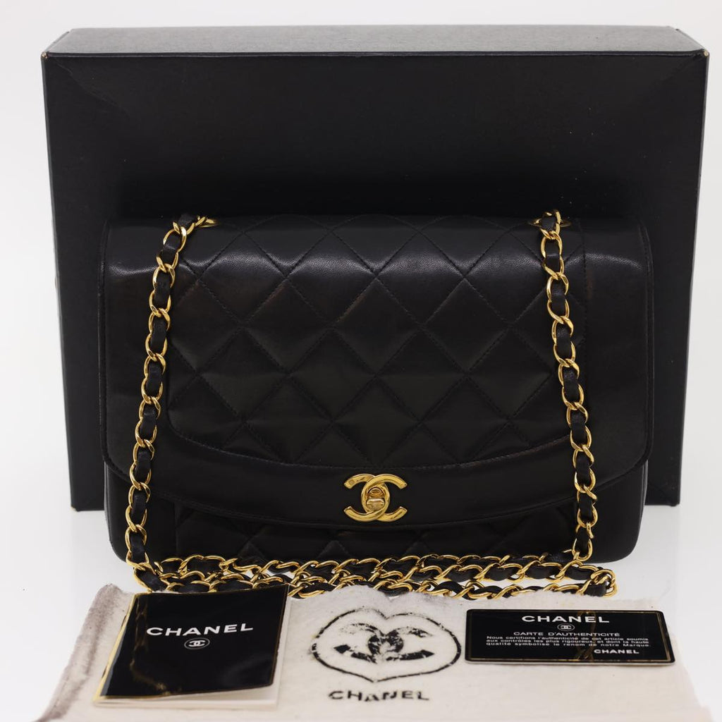 CHANEL Chain Turn Lock Diana Matelasse Shoulder Bag Lamb Skin Black  rz036A