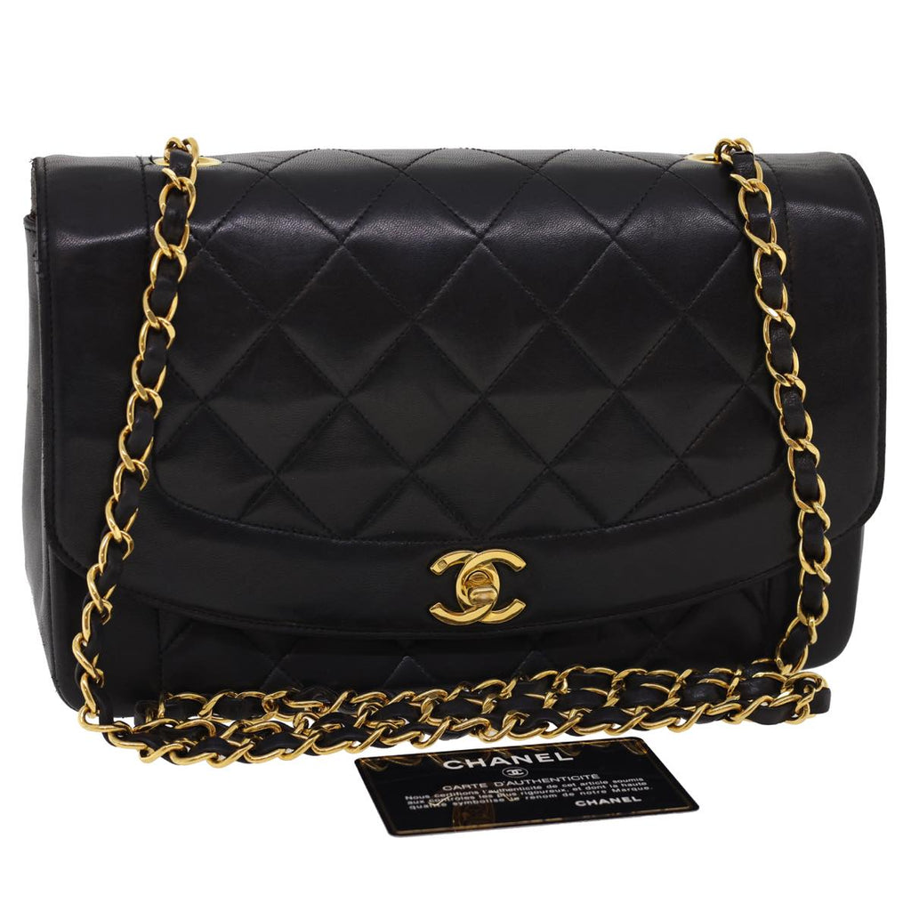 CHANEL Chain Turn Lock Diana Matelasse Shoulder Bag Lamb Skin Black  rz036A