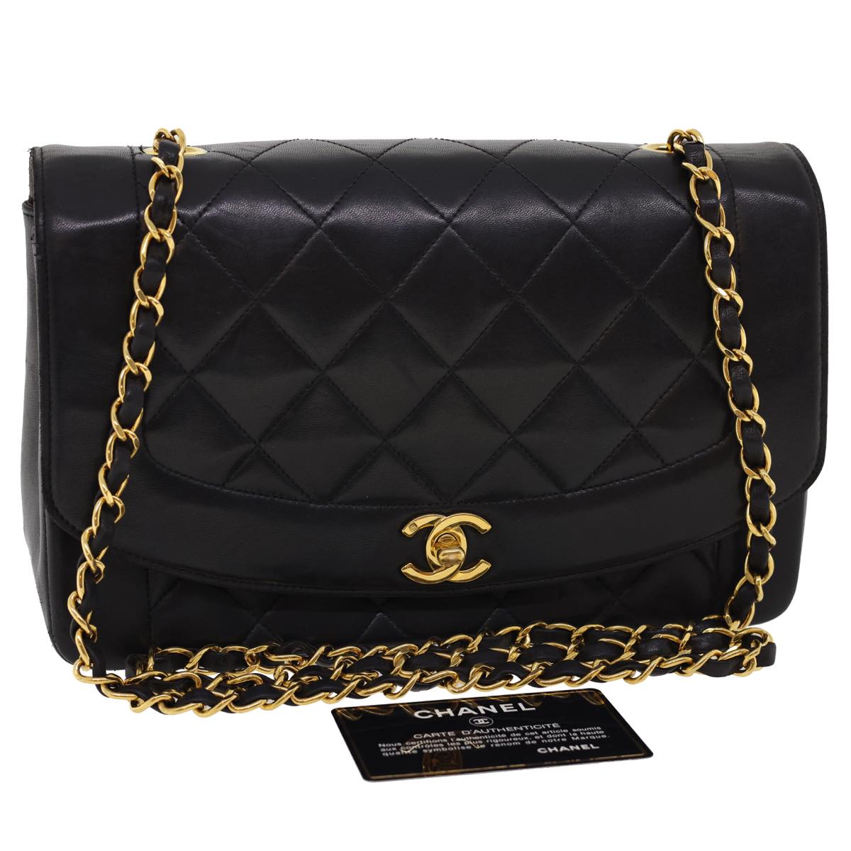 CHANEL Chain Turn Lock Diana Matelasse Shoulder Bag Lamb Skin Black  rz036A