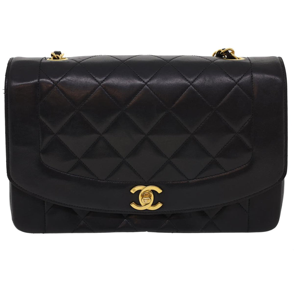 CHANEL Chain Turn Lock Diana Matelasse Shoulder Bag Lamb Skin Black  rz036A