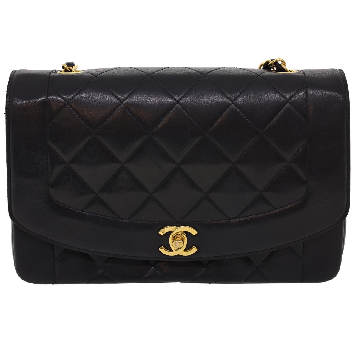 CHANEL Chain Turn Lock Diana Matelasse Shoulder Bag Lamb Skin Black  rz036A