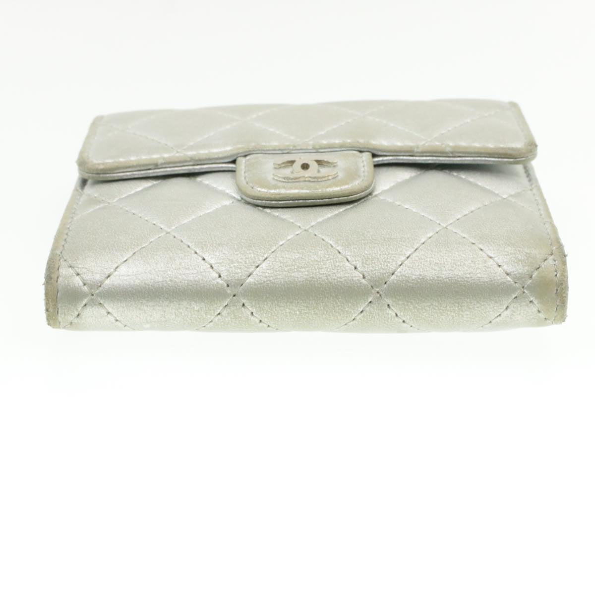 CHANEL Matelasse Bifold Wallet Silver CC  cr620