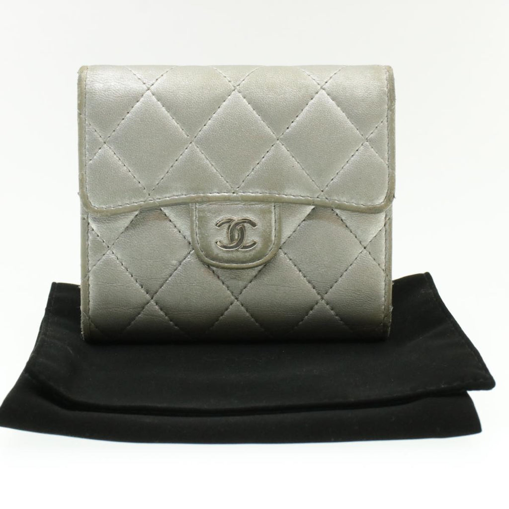CHANEL Matelasse Bifold Wallet Silver CC  cr620