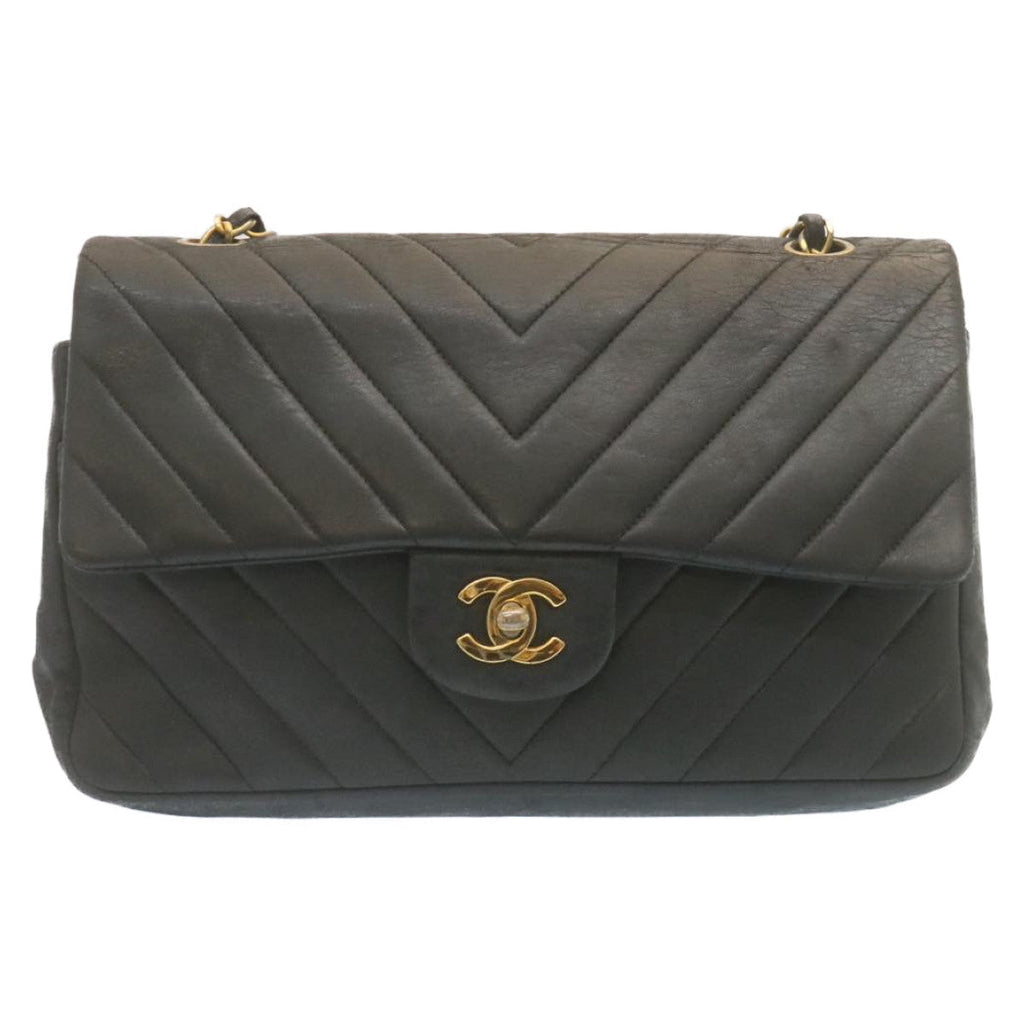 CHANEL Mademoiselle Turn Lock Flap Shoulder Bag Lamb Skin Black CC  tp204A