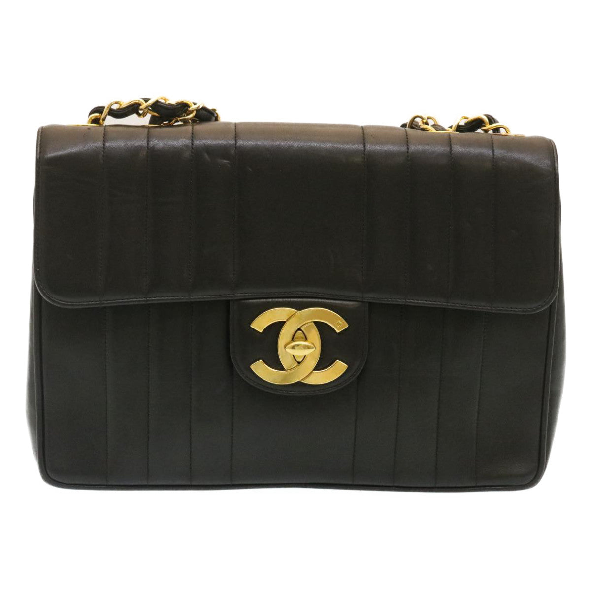 CHANEL Mademoiselle Big COCO Mark Chain ShoulderBag Lamb Skin Black  yk4080A