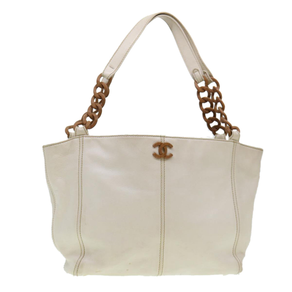 CHANEL Wood Chain Tote Bag Caviar Skin White Brown CC  yk6580