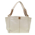 CHANEL Wood Chain Tote Bag Caviar Skin White Brown CC  yk6580