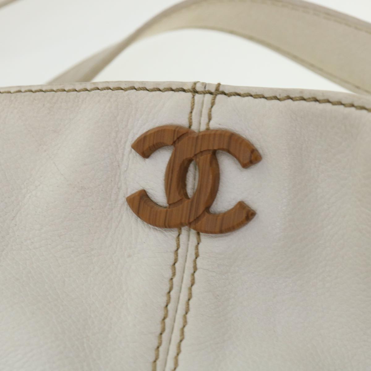 CHANEL Wood Chain Tote Bag Caviar Skin White Brown CC  yk6580