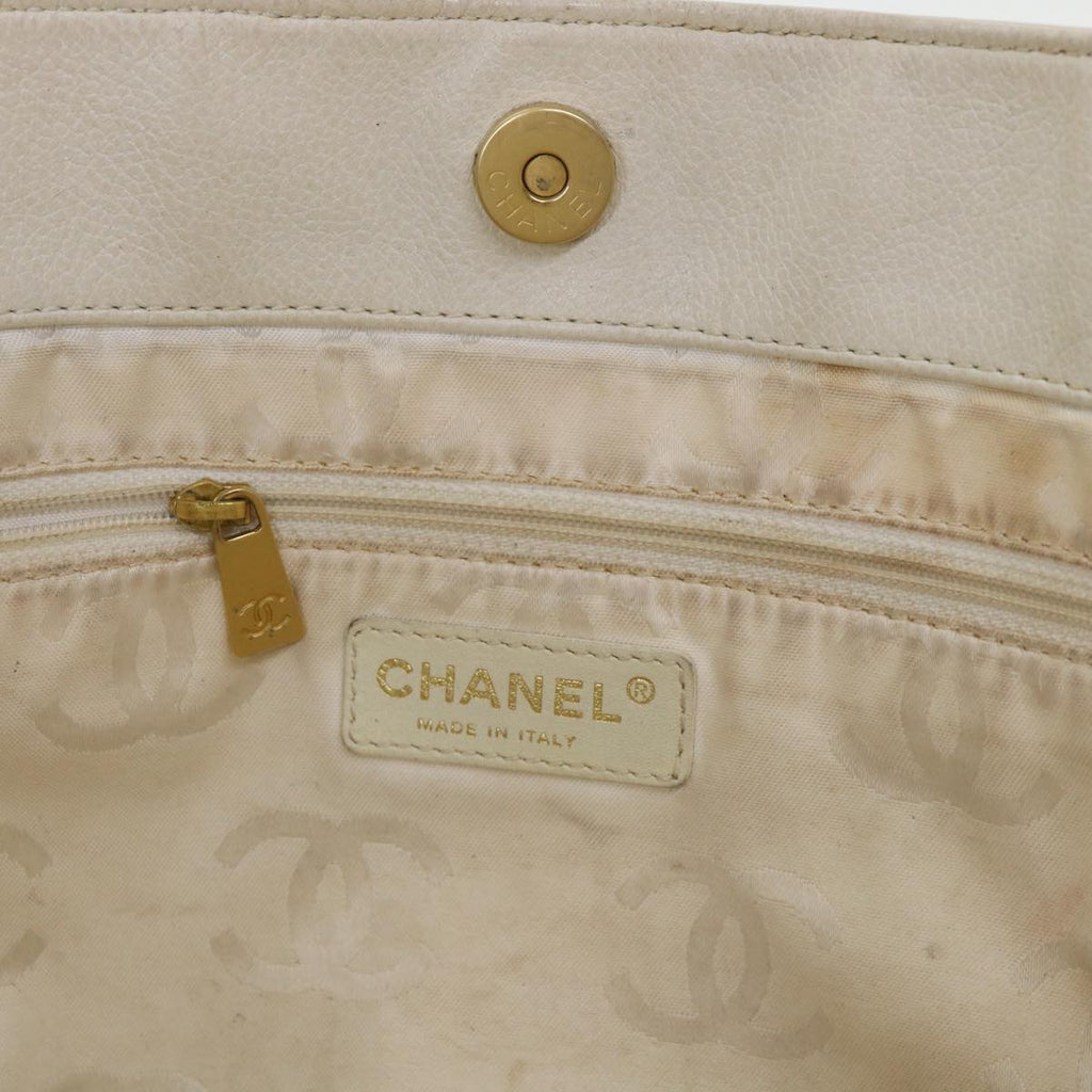 CHANEL Wood Chain Tote Bag Caviar Skin White Brown CC  yk6580