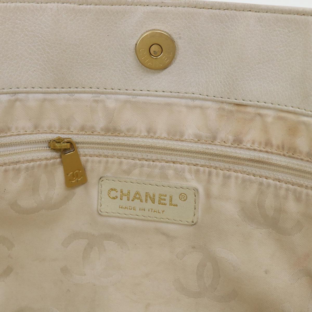 CHANEL Wood Chain Tote Bag Caviar Skin White Brown CC  yk6580