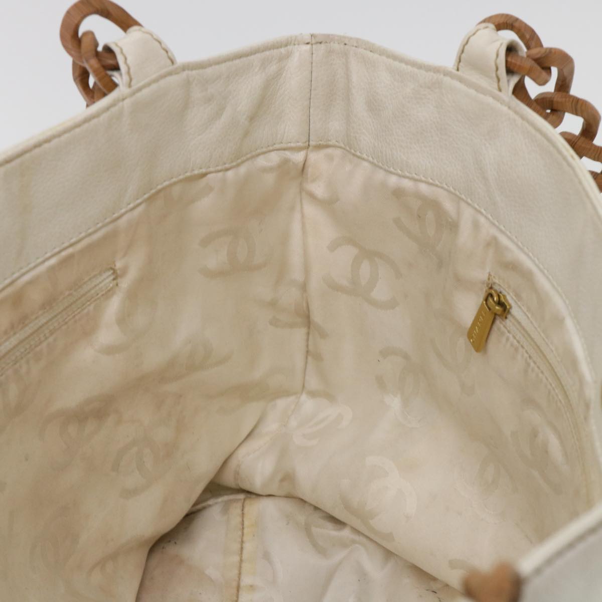 CHANEL Wood Chain Tote Bag Caviar Skin White Brown CC  yk6580