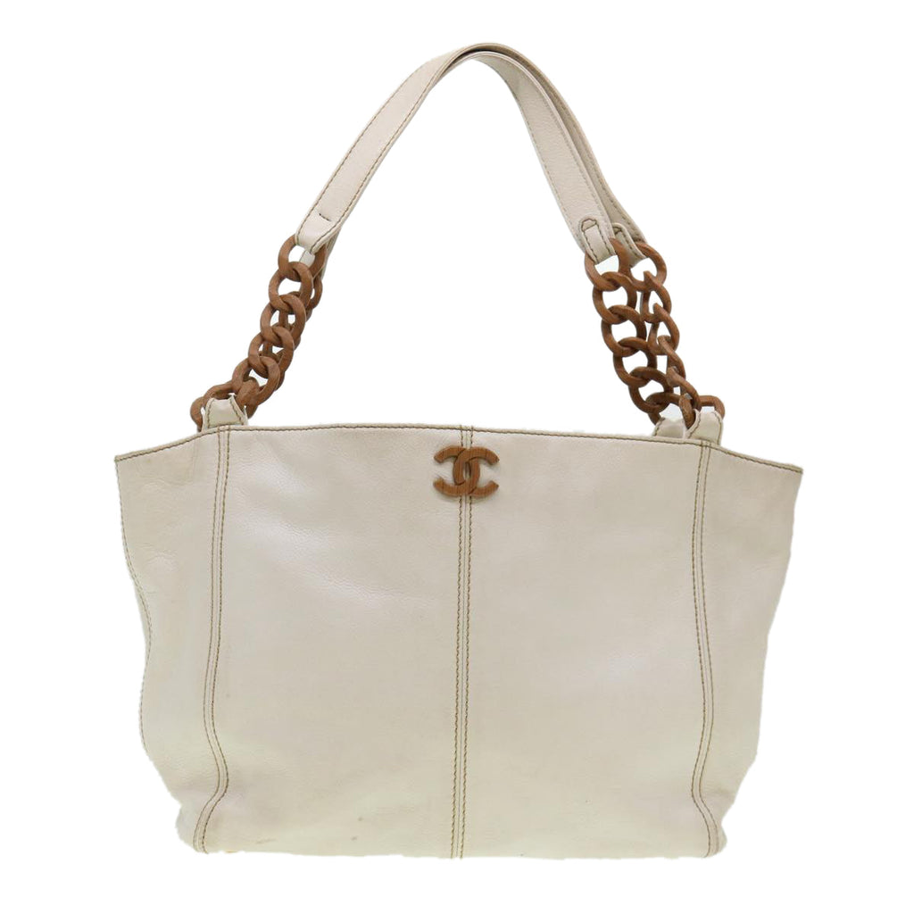 CHANEL Wood Chain Tote Bag Caviar Skin White Brown CC  yk6580