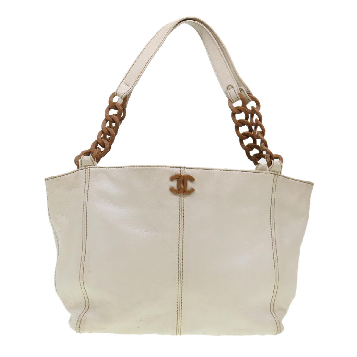 CHANEL Wood Chain Tote Bag Caviar Skin White Brown CC  yk6580