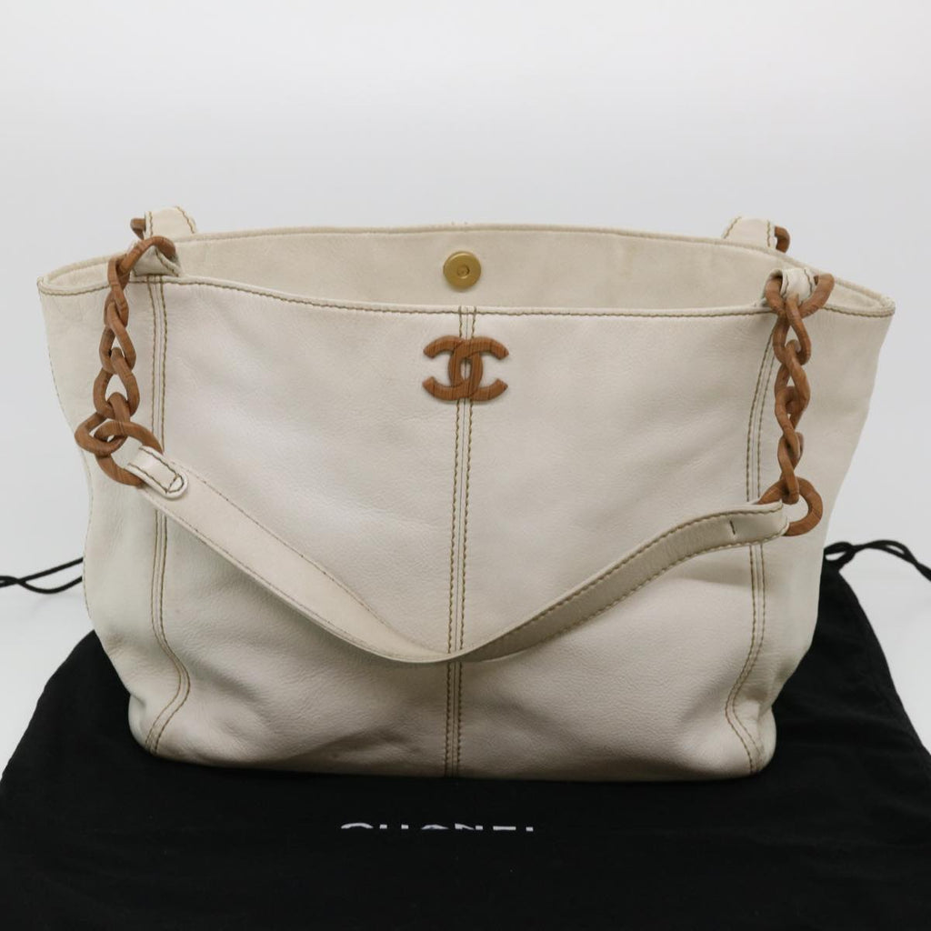 CHANEL Wood Chain Tote Bag Caviar Skin White Brown CC  yk6580
