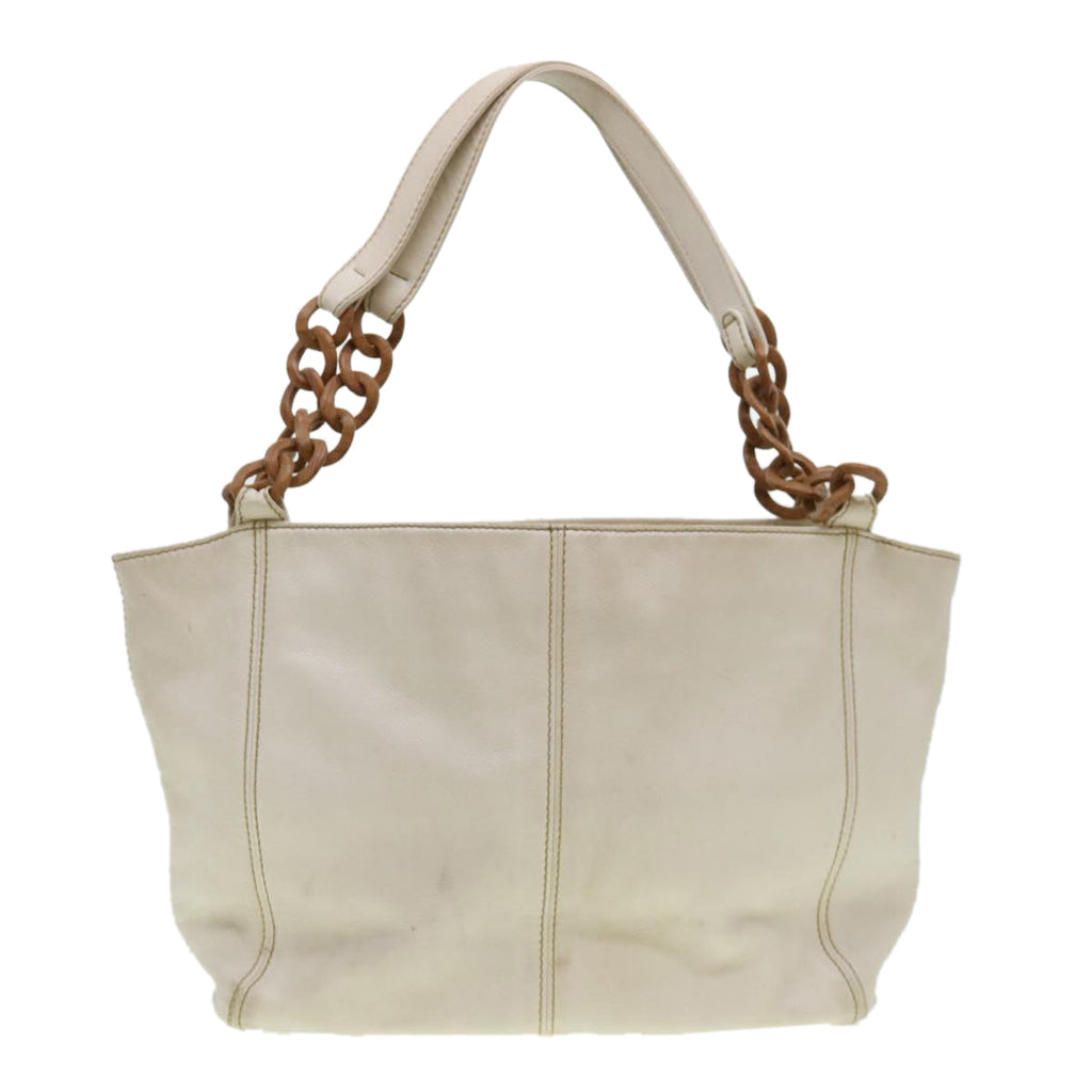 CHANEL Wood Chain Tote Bag Caviar Skin White Brown CC  yk6580