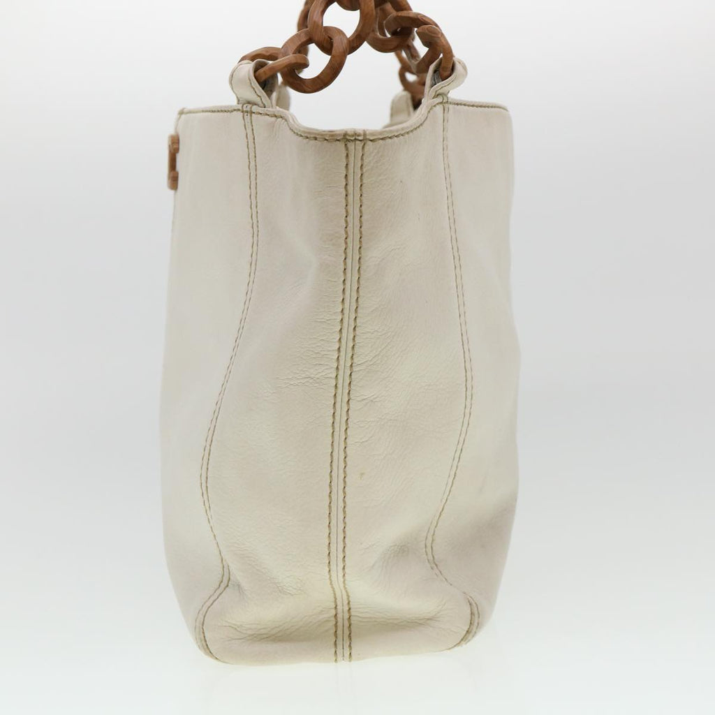 CHANEL Wood Chain Tote Bag Caviar Skin White Brown CC  yk6580