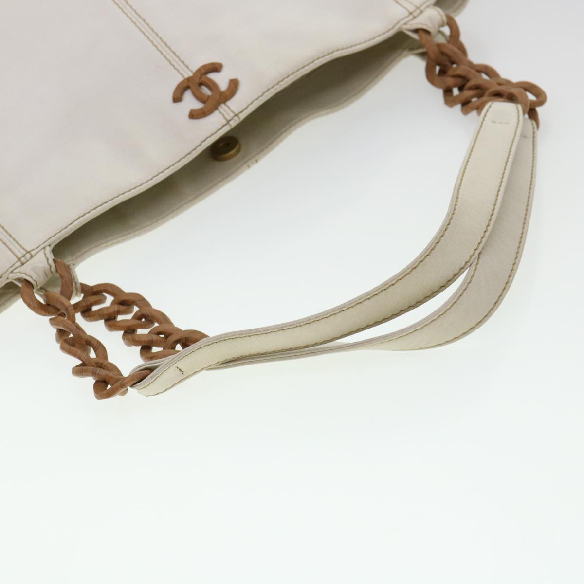 CHANEL Wood Chain Tote Bag Caviar Skin White Brown CC  yk6580