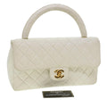CHANEL Child Bag Hand Bag Lamb Skin White CC  yk7389B