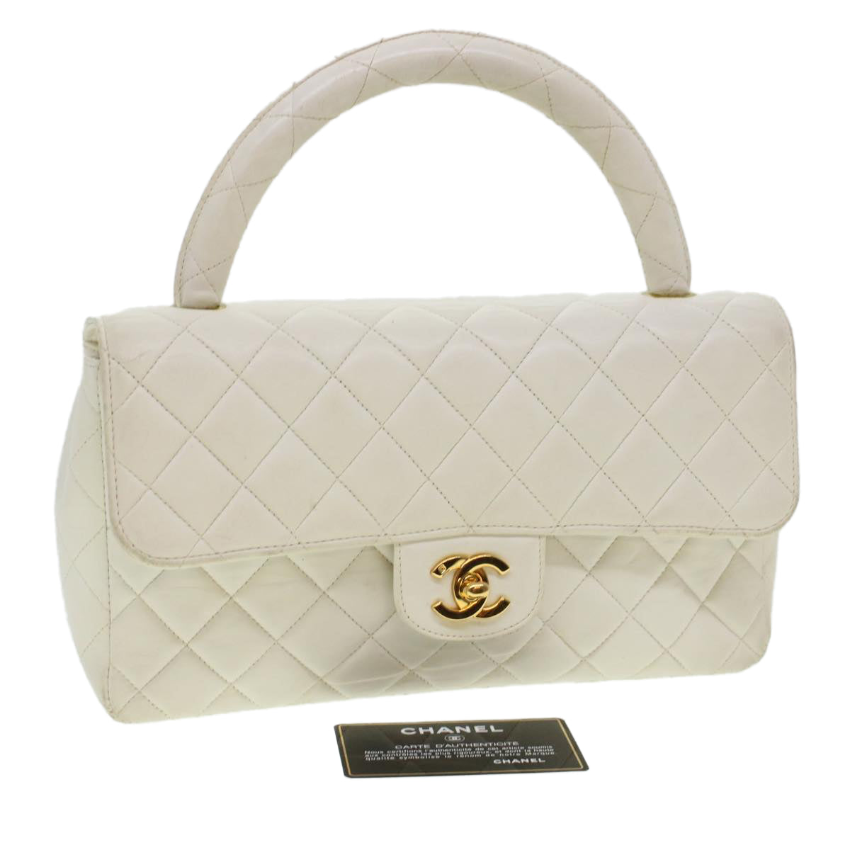 CHANEL Child Bag Hand Bag Lamb Skin White CC  yk7389B