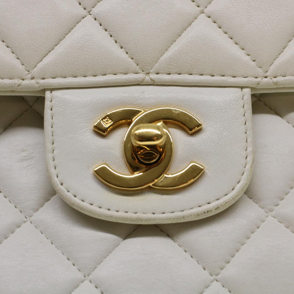 CHANEL Child Bag Hand Bag Lamb Skin White CC  yk7389B