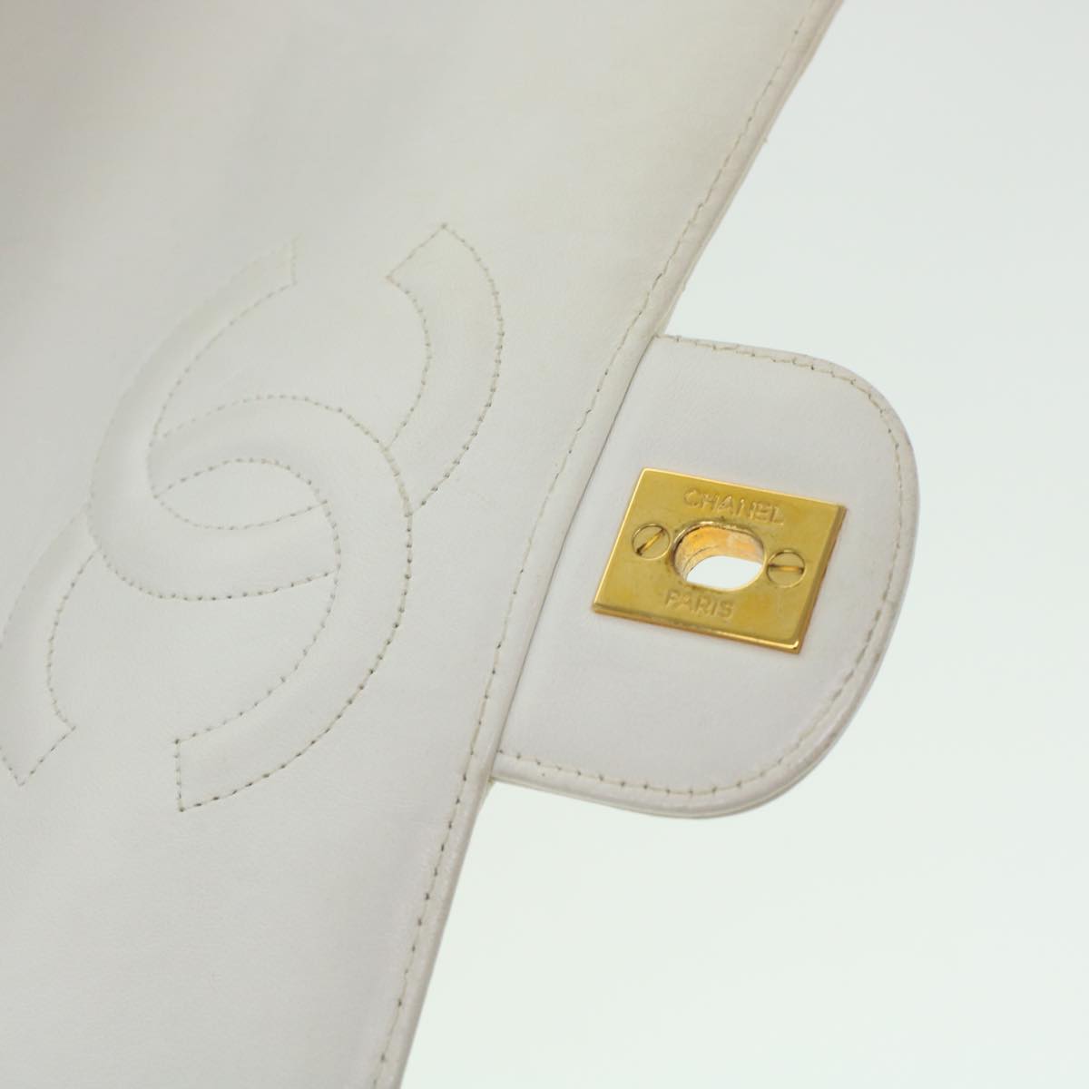CHANEL Child Bag Hand Bag Lamb Skin White CC Auth yk7389B