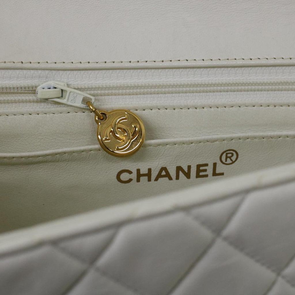 CHANEL Child Bag Hand Bag Lamb Skin White CC  yk7389B