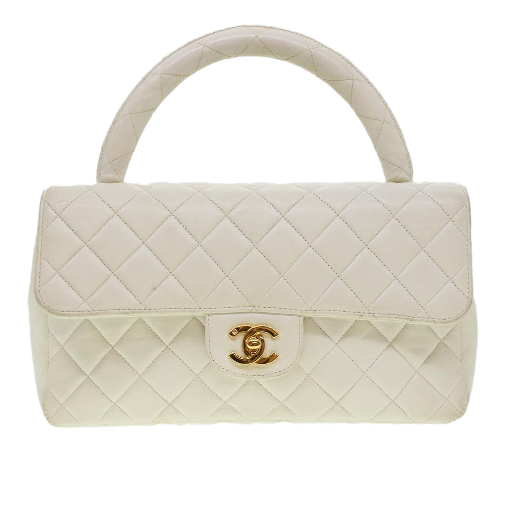 CHANEL Child Bag Hand Bag Lamb Skin White CC  yk7389B