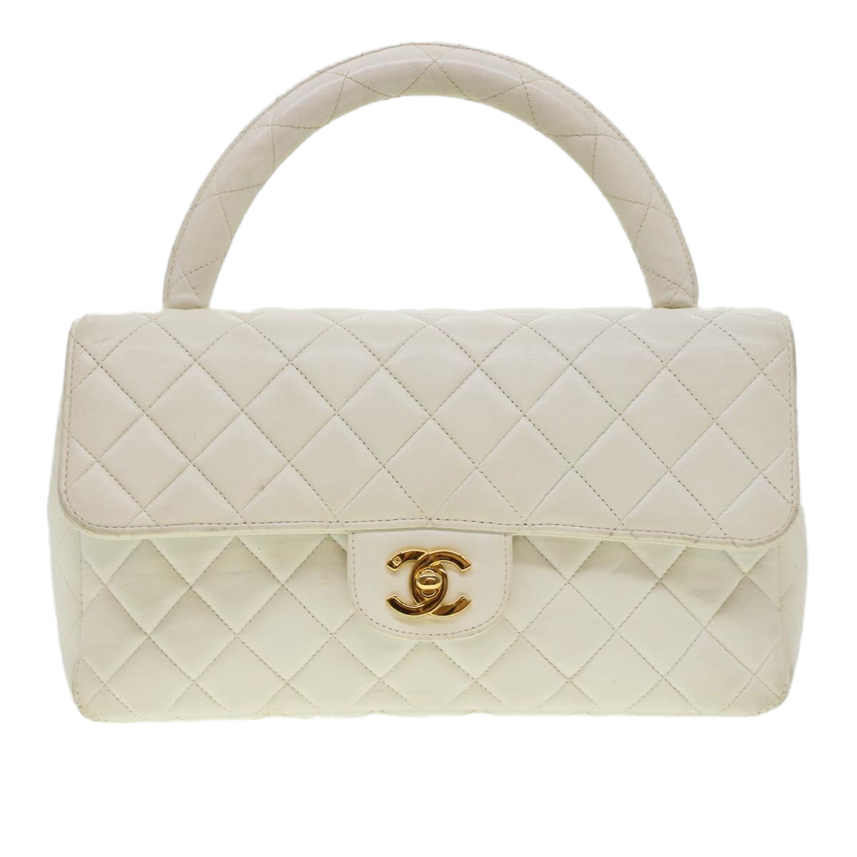 CHANEL Child Bag Hand Bag Lamb Skin White CC Auth yk7389B