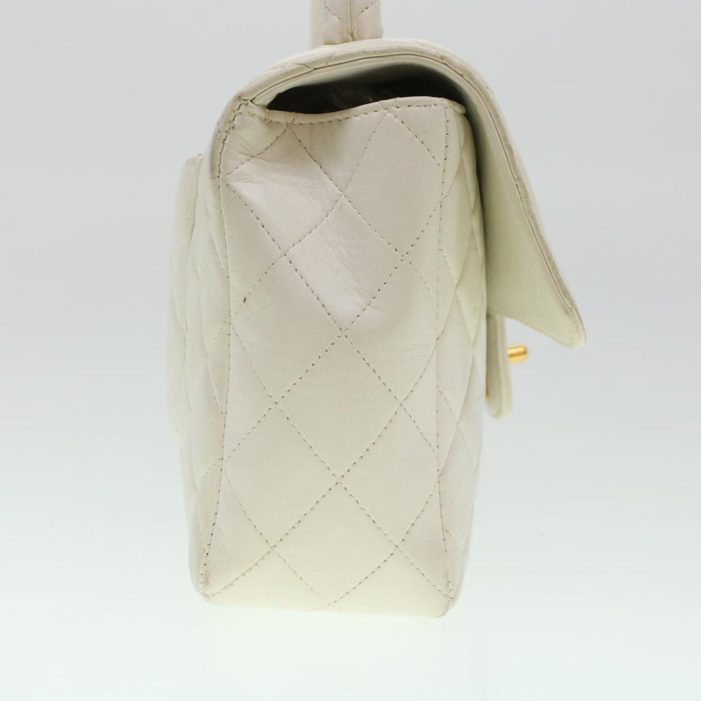 CHANEL Child Bag Hand Bag Lamb Skin White CC  yk7389B